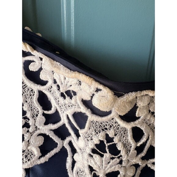 VTG'80 ILGWU Prom Formal Navy Blue Satin Lace Dress /Puffs Sleeves /Bows Size 40 - Picture 3 of 16